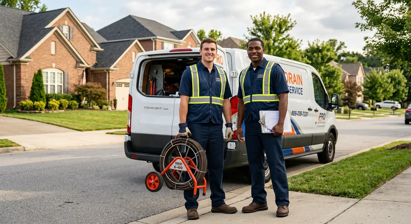 Sewer and drain service team with equipment ready for work in Mundy