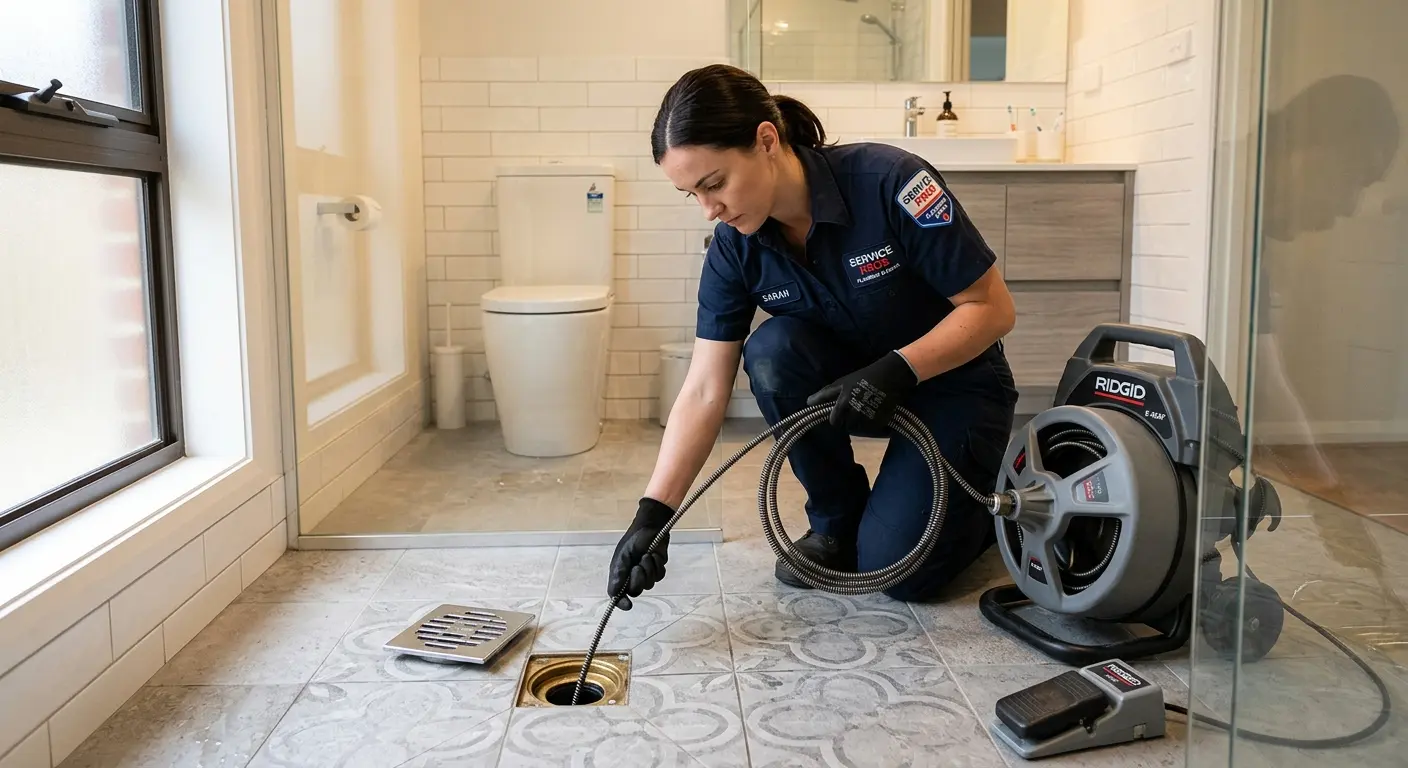 Technician clearing a bathroom floor drain for Sewer Line Installation in Mundy